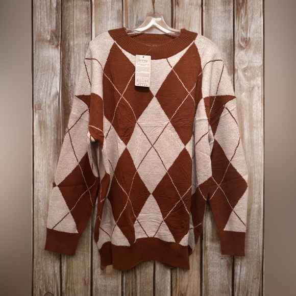 NWT Women’s Argyle Print Long Sleeve Crew Neck Sweater Tan/Brown Size L - Picture 5 of 5